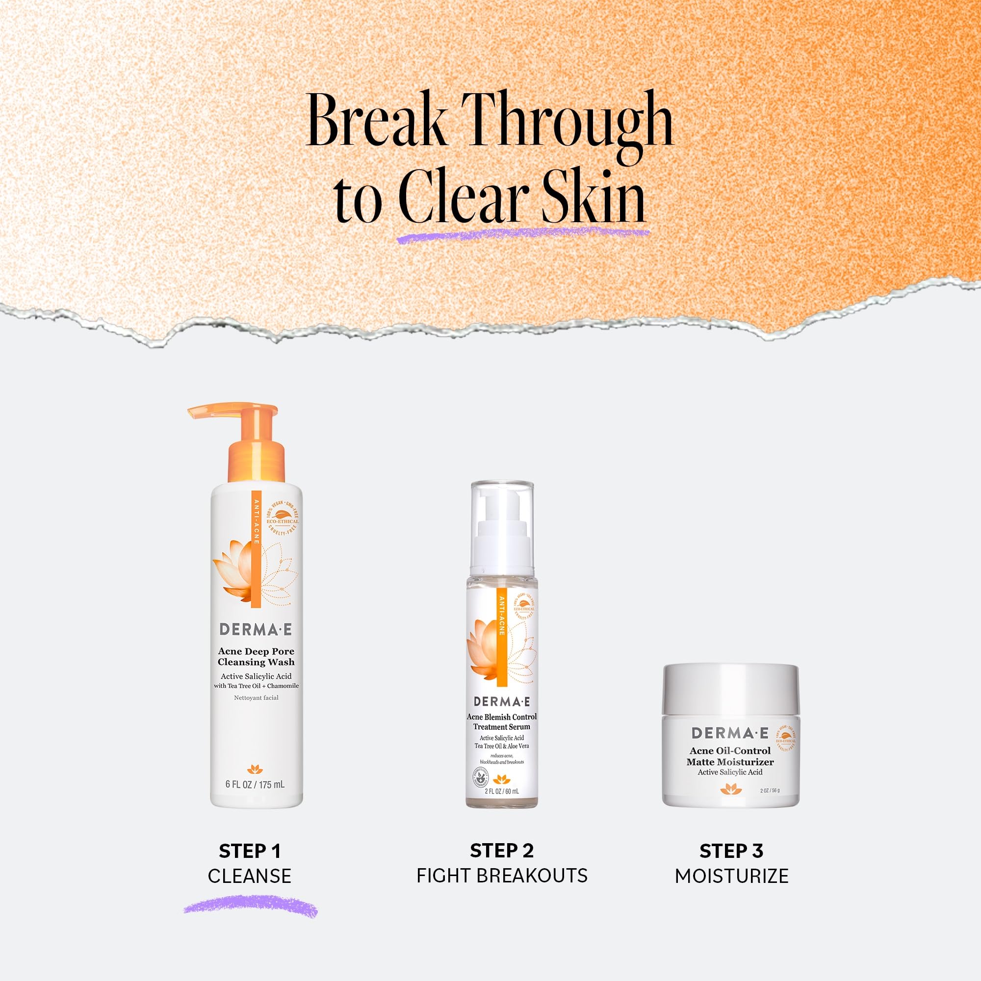 Derma E envase reciclable, cuidado responsable para rutina diaria.