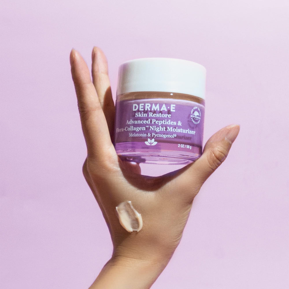 Derma E Advanced Peptides Night Moisturizer bottle scene showing vegan formula