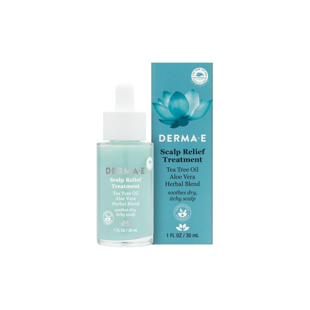 Botella Derma E de tratamiento alivia el cuero cabelludo.
