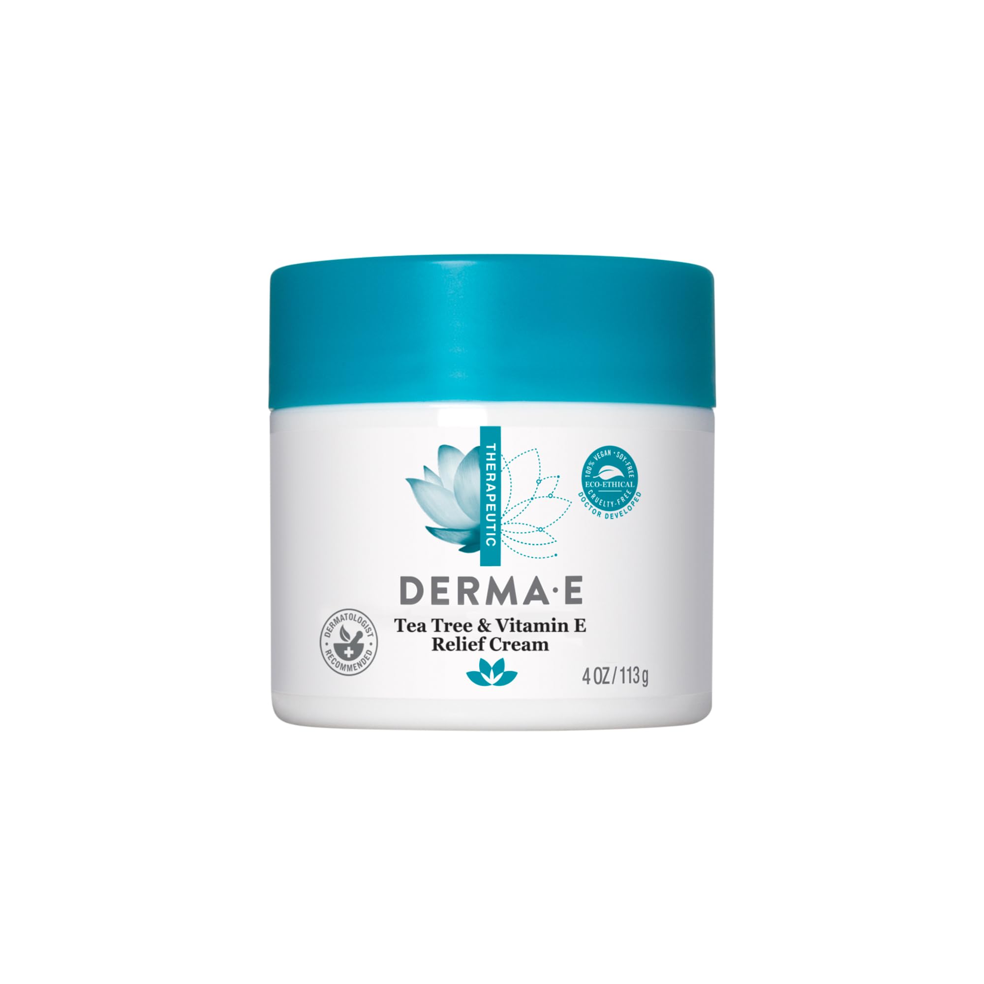 Derma E crema árbol de té y vitamina E en frasco, hidratación profunda.