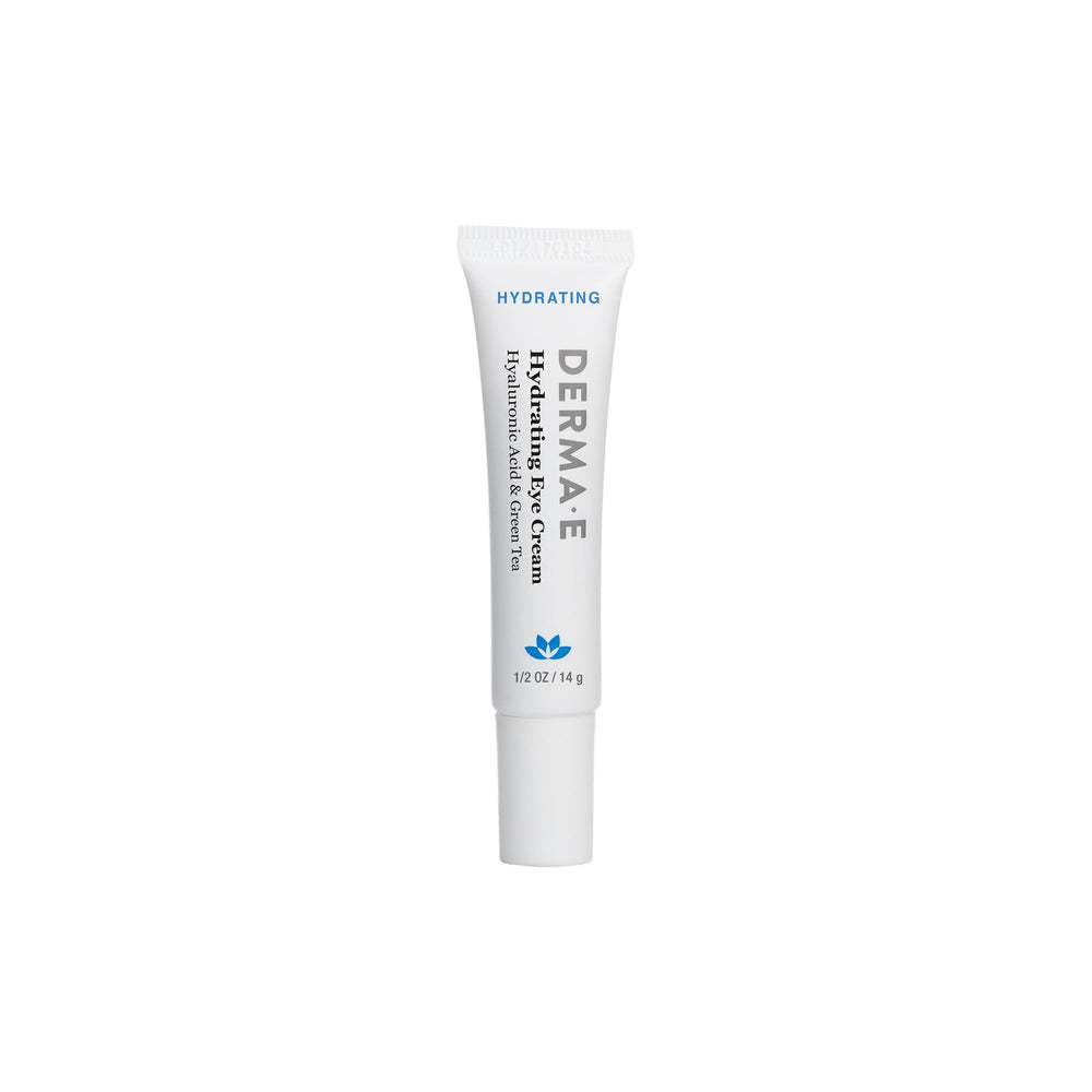 Derma E Hydrating Eye Cream botella cercana, hidratación intensa para contorno de ojos.