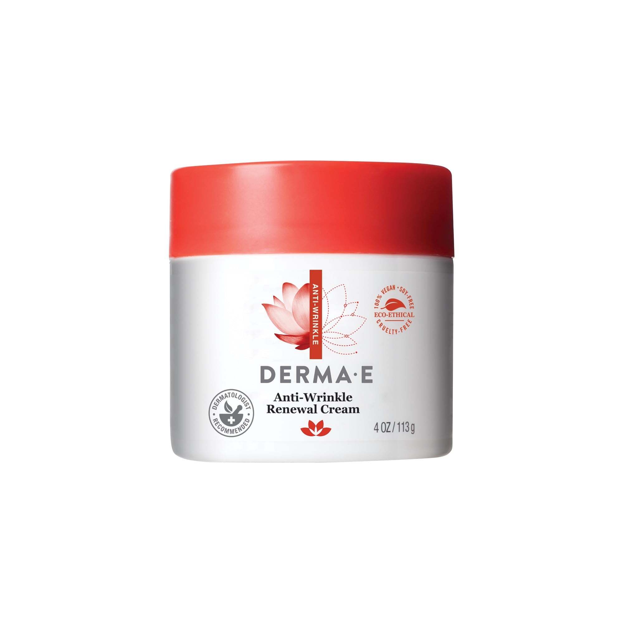 Derma E crema antiarrugas en frasco, textura cremosa para renovación de la piel.