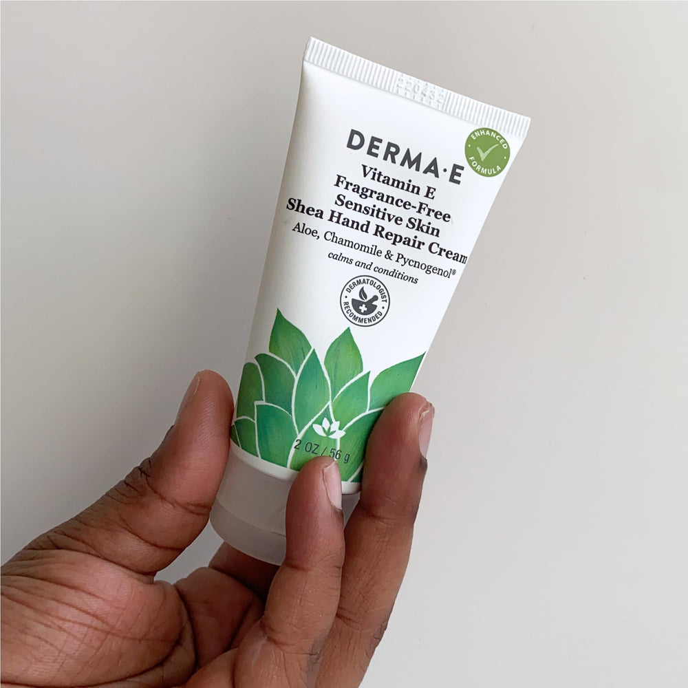 Derma E gluten-free formula badge appears beside recyclable packaging.