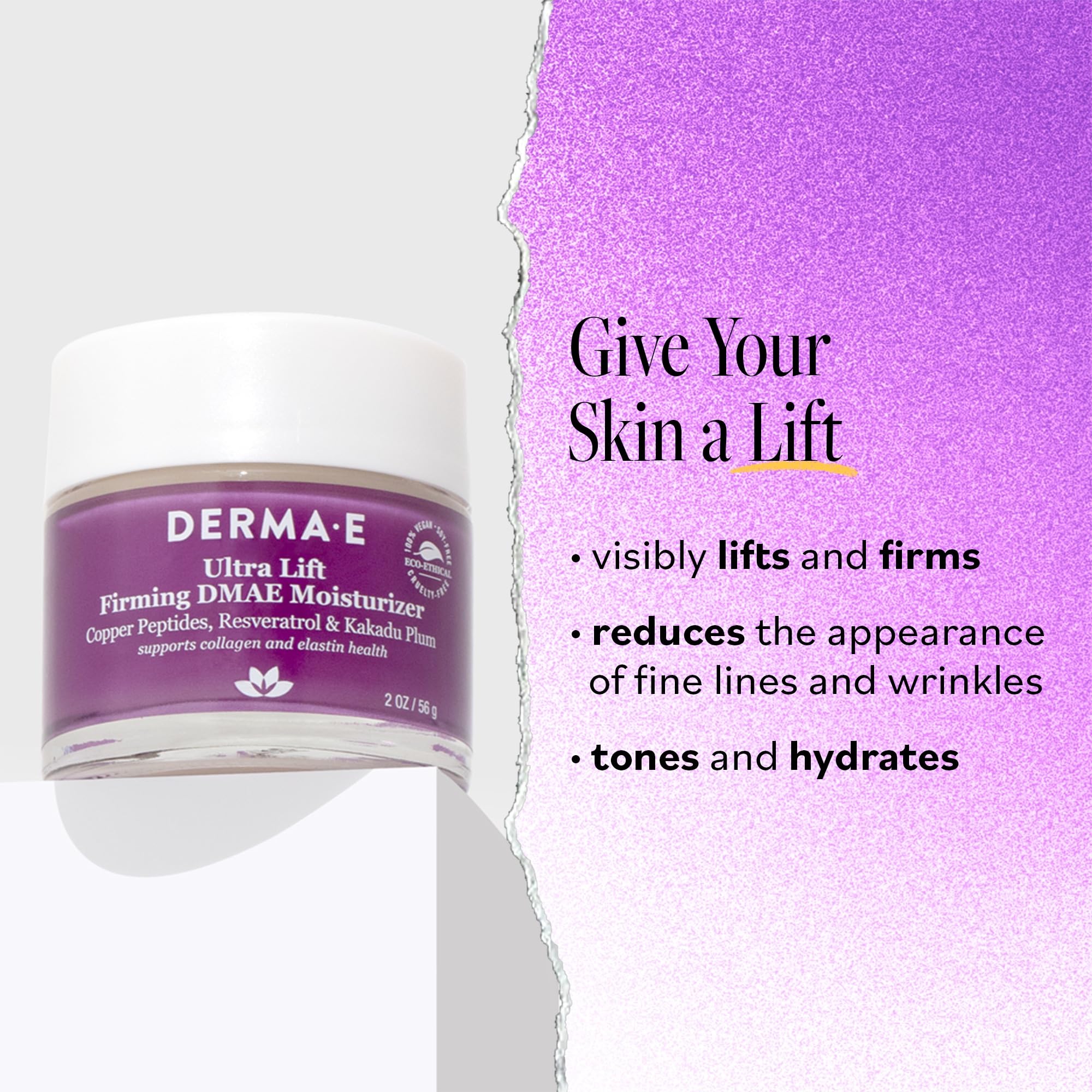 Derma E firmeza DMAE, rostro con firmeza visible y tono uniforme.