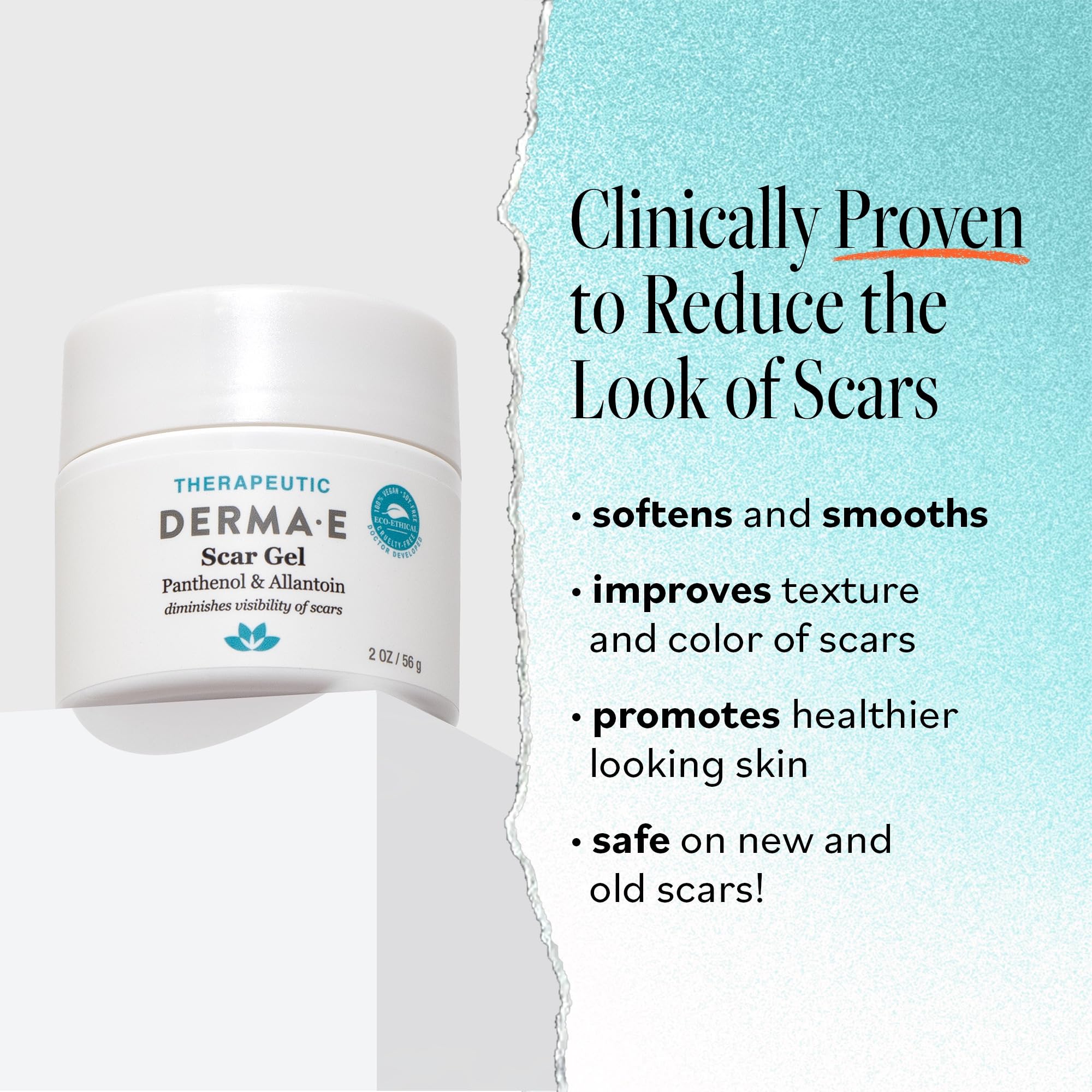 Derma E Gel: aplicación diaria para mejorar textura de cicatrices y quemaduras.