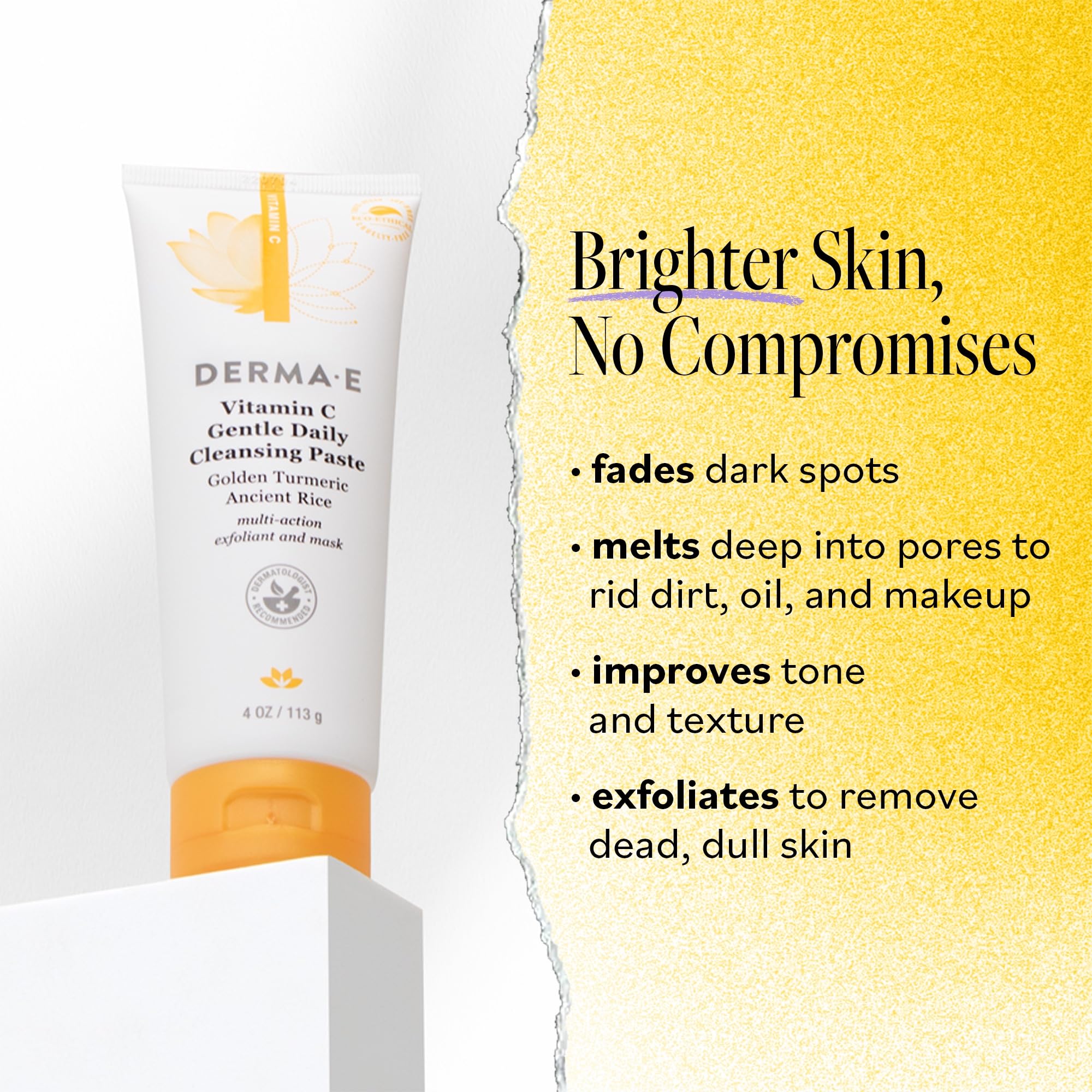 Derma E pasta limpiadora aplicación rostro, experiencia suave para piel equilibrada.