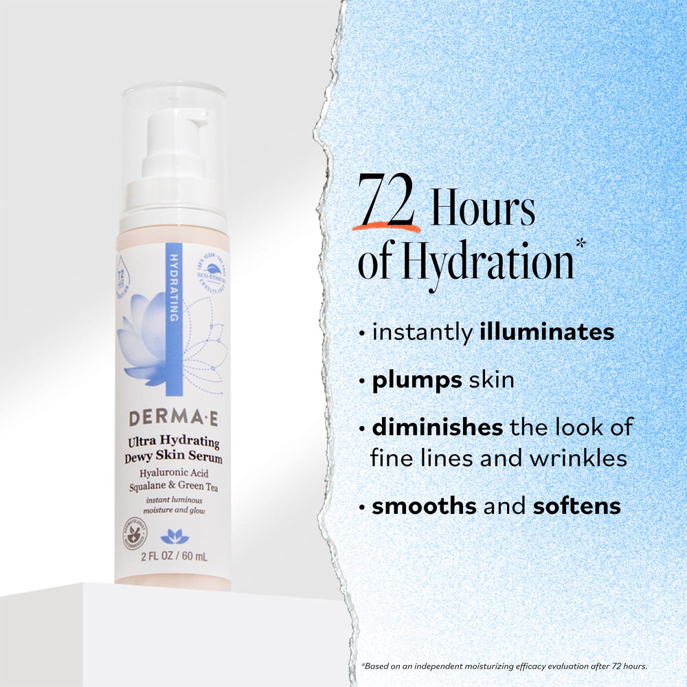 DERMA E serum pump-dispense for precise, mess-free application and lasting moisture.