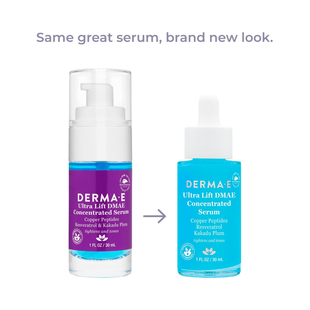 Derma E Ultra Lift DMAE Serum, aplica en la cara para mayor firmeza diaria.