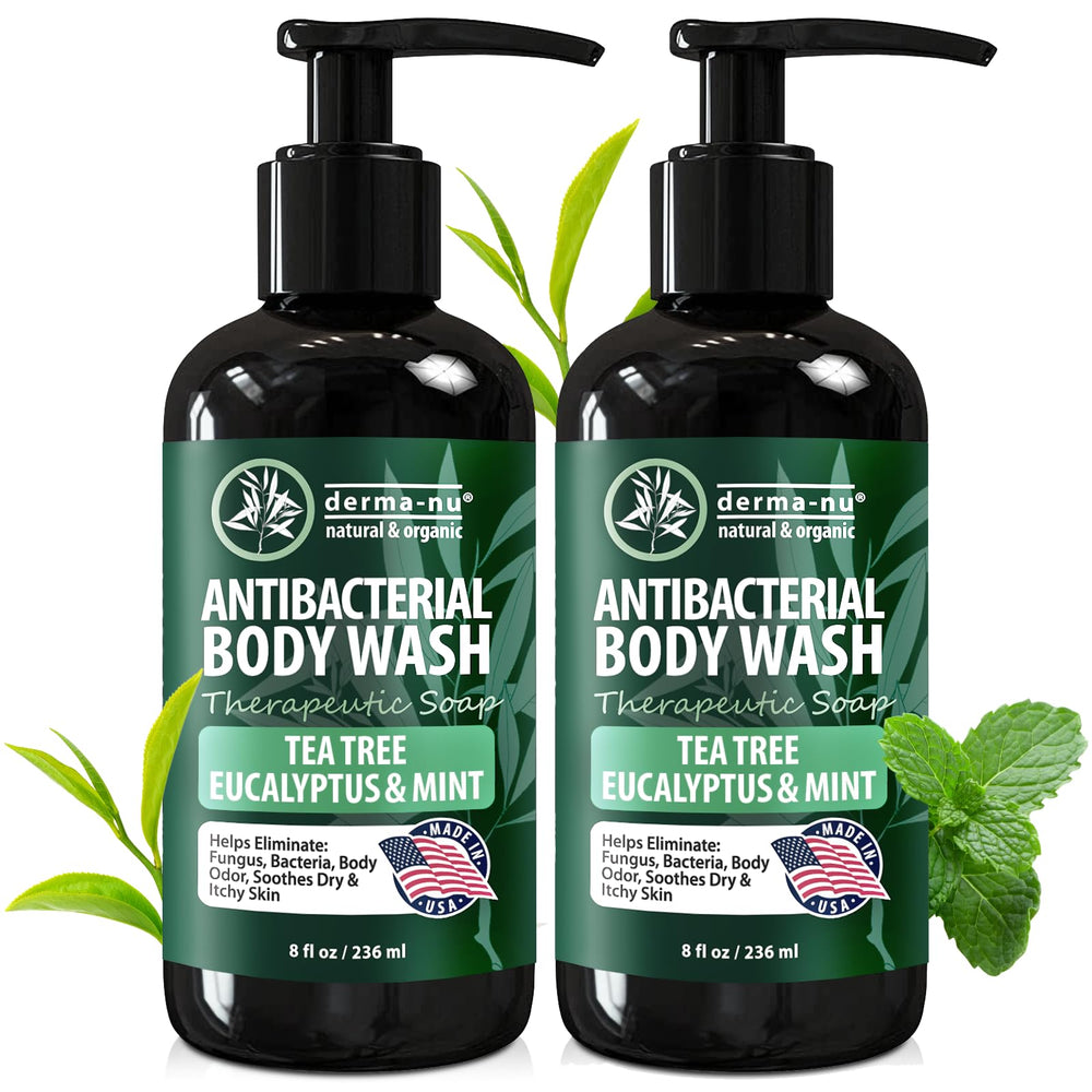 Derma-Nu antibacterial body wash bottle pour for quick, refreshing cleanse.