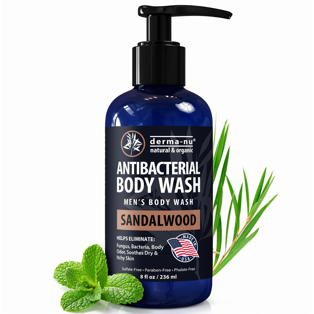 Derma-Nu botella de ducha para hombre, aroma limpio y vigorizante.