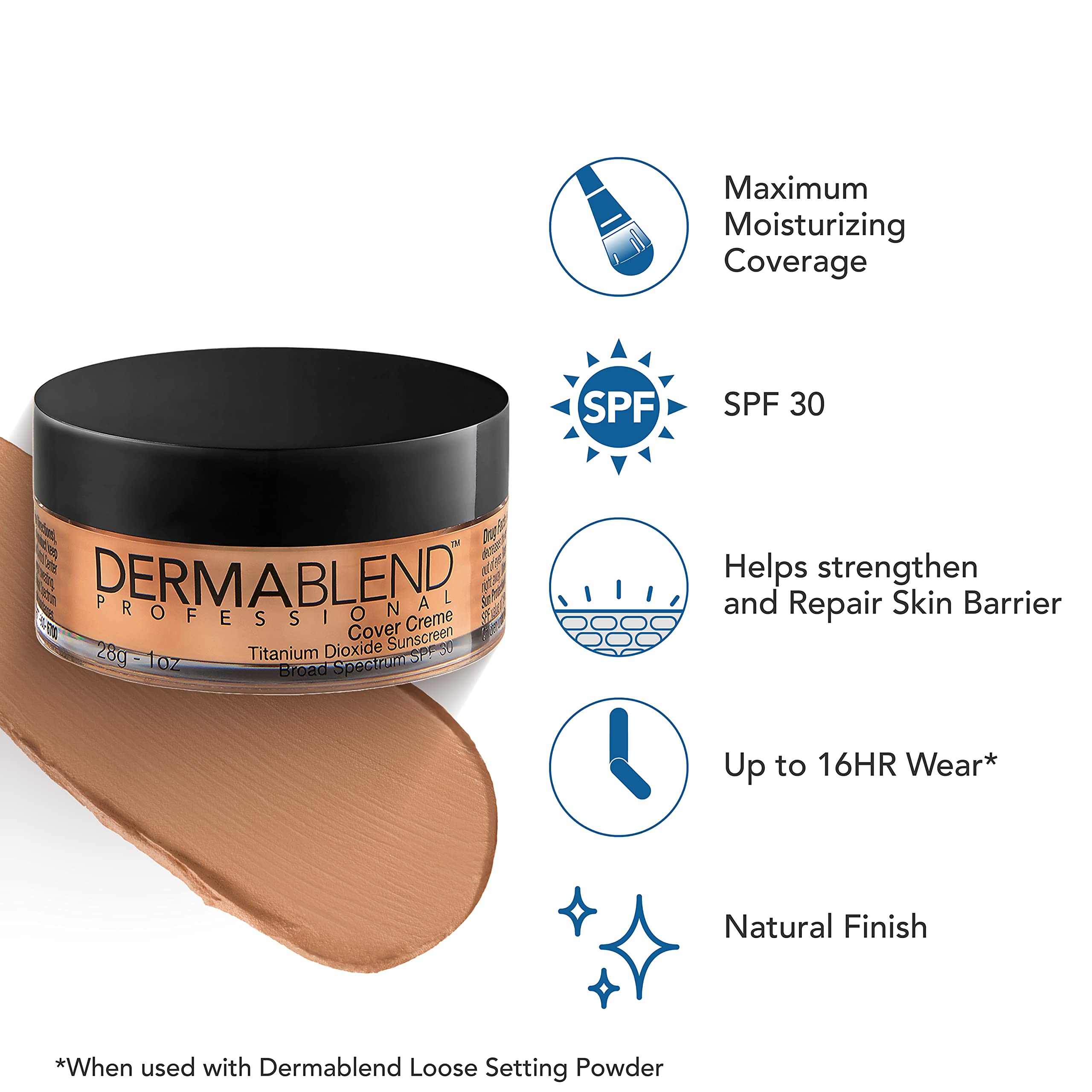 Dermablend Cover Creme in 35C Medium Beige blends with warm undertones