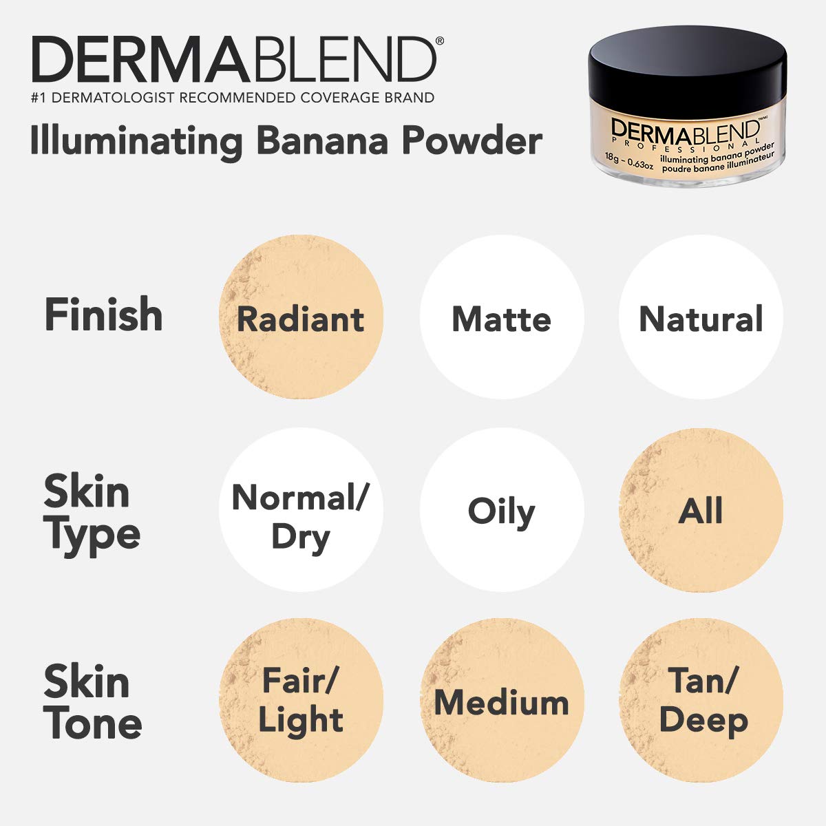 Dermablend Illuminating Banana Powder packaging highlights fragrance-free, cruelty-free formula.