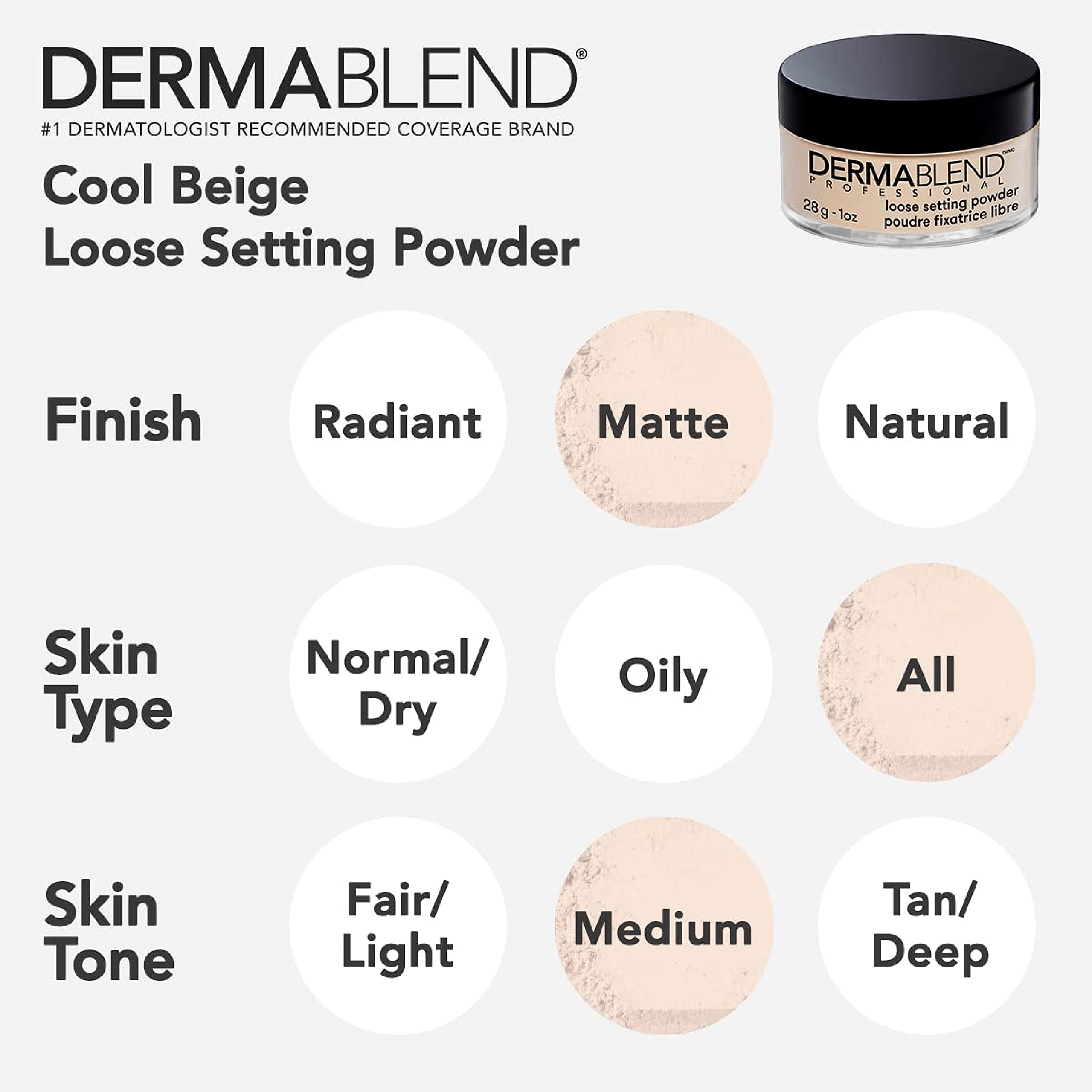 Dermablend powder applied on the face shows a natural matte finish