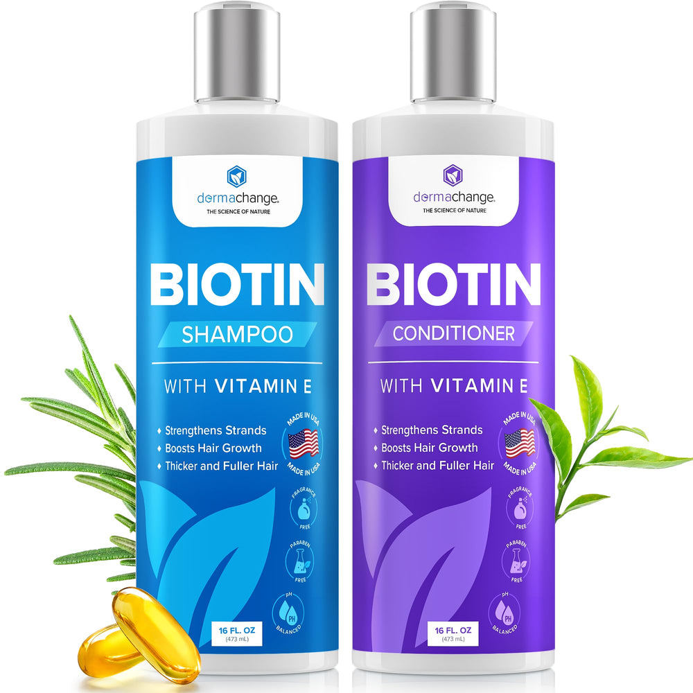 DermaChange Biotin Shampoo bottle pour with tea tree for scalp refreshment and cleansing.