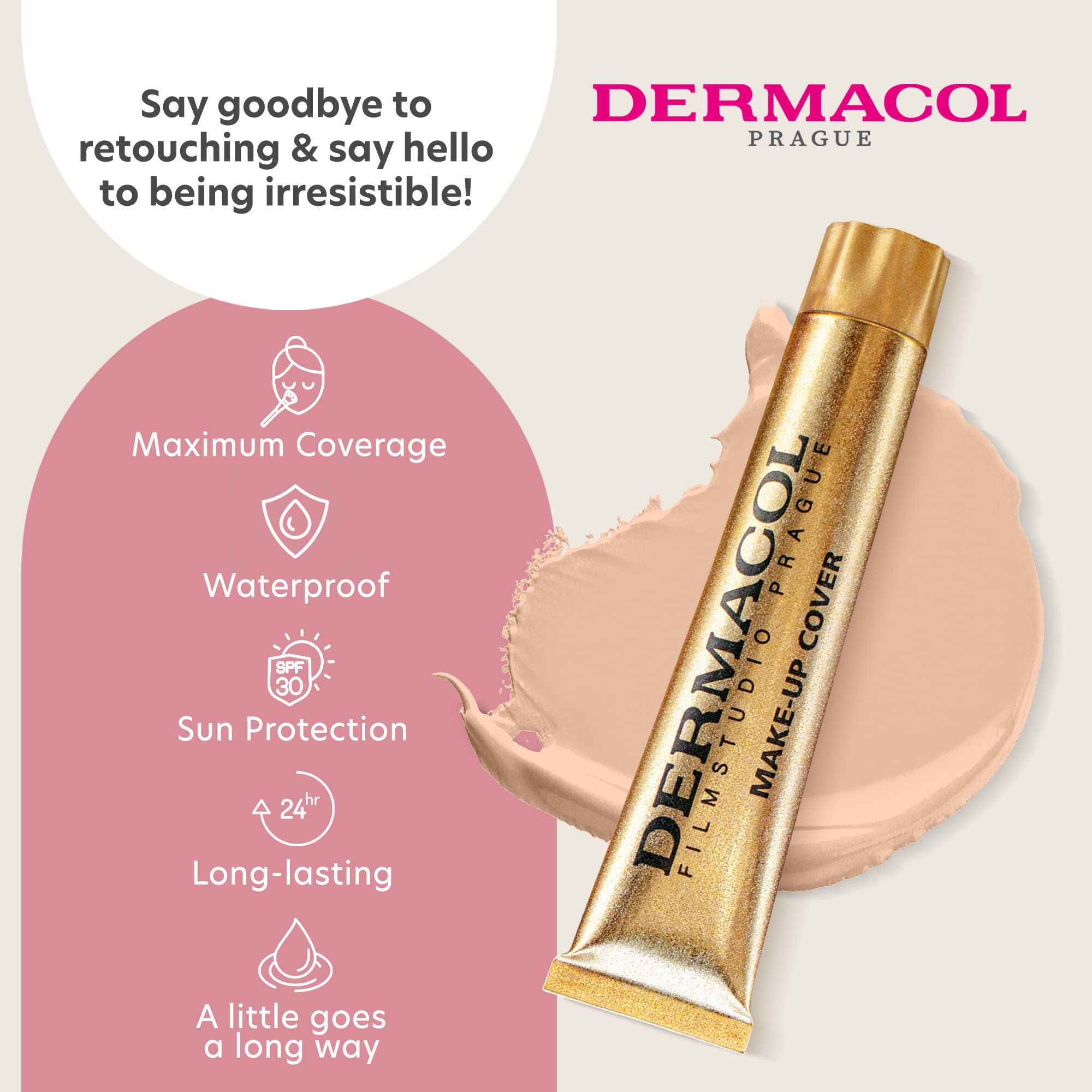Dermacol full-coverage foundation pump dispensing for easy, precise application.