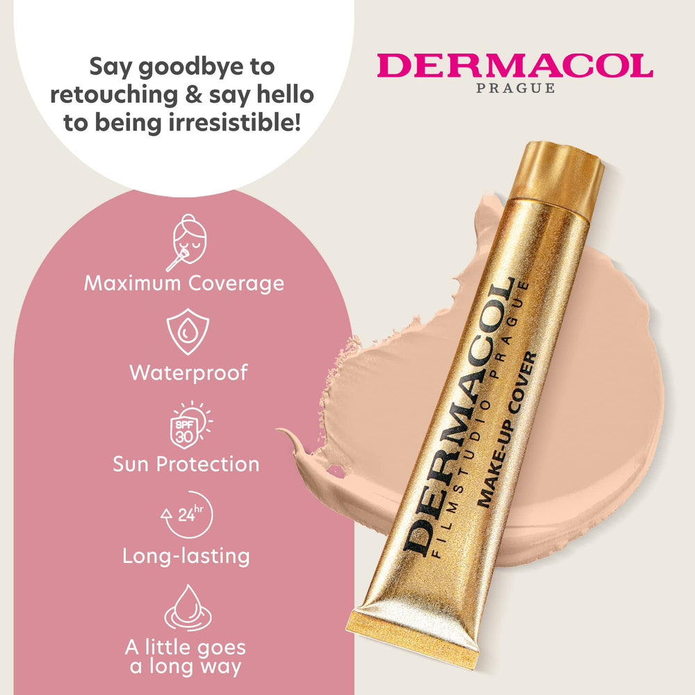 Dermacol full-coverage foundation pump dispensing for easy, precise application.