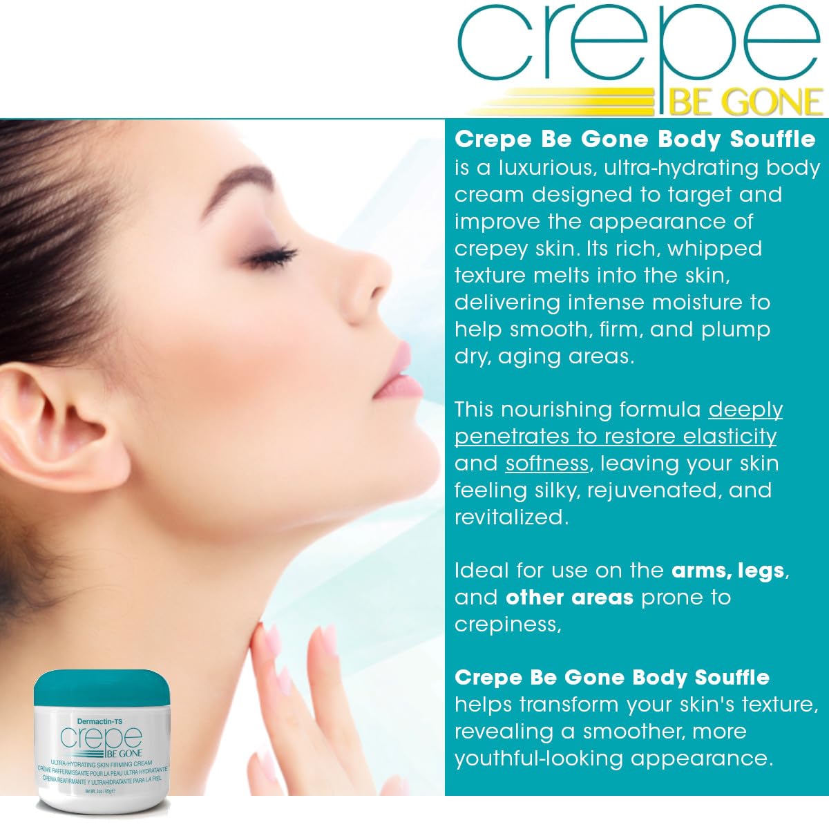 Dermactin Crepe Be Gone aplicacion suave y absorcion rapida.