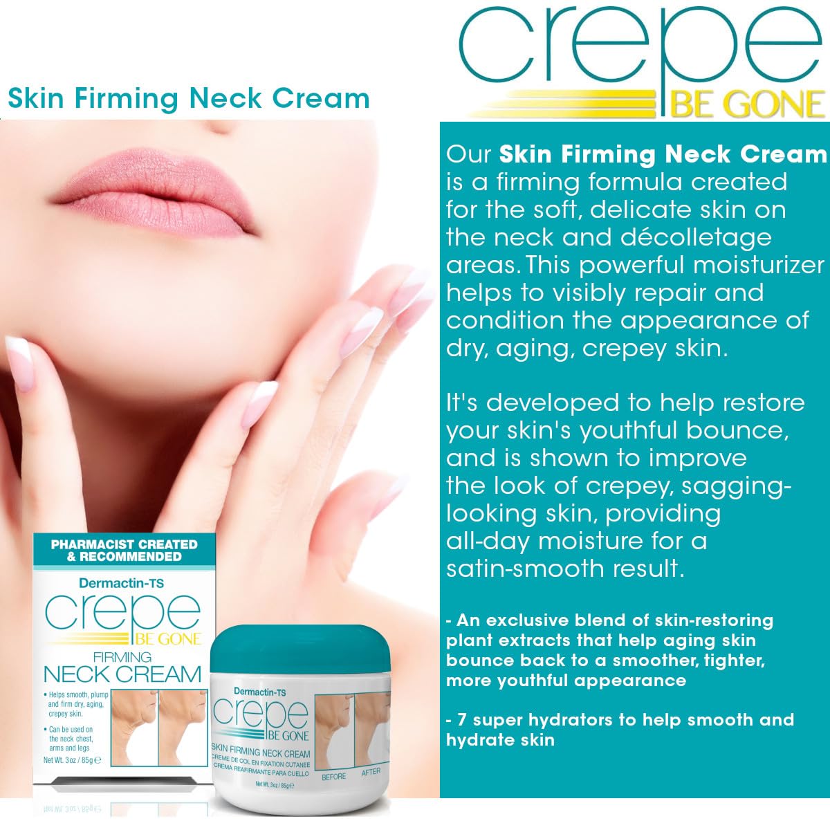 Applying Dermactin Crepe Be Gone to the neck with gentle massage