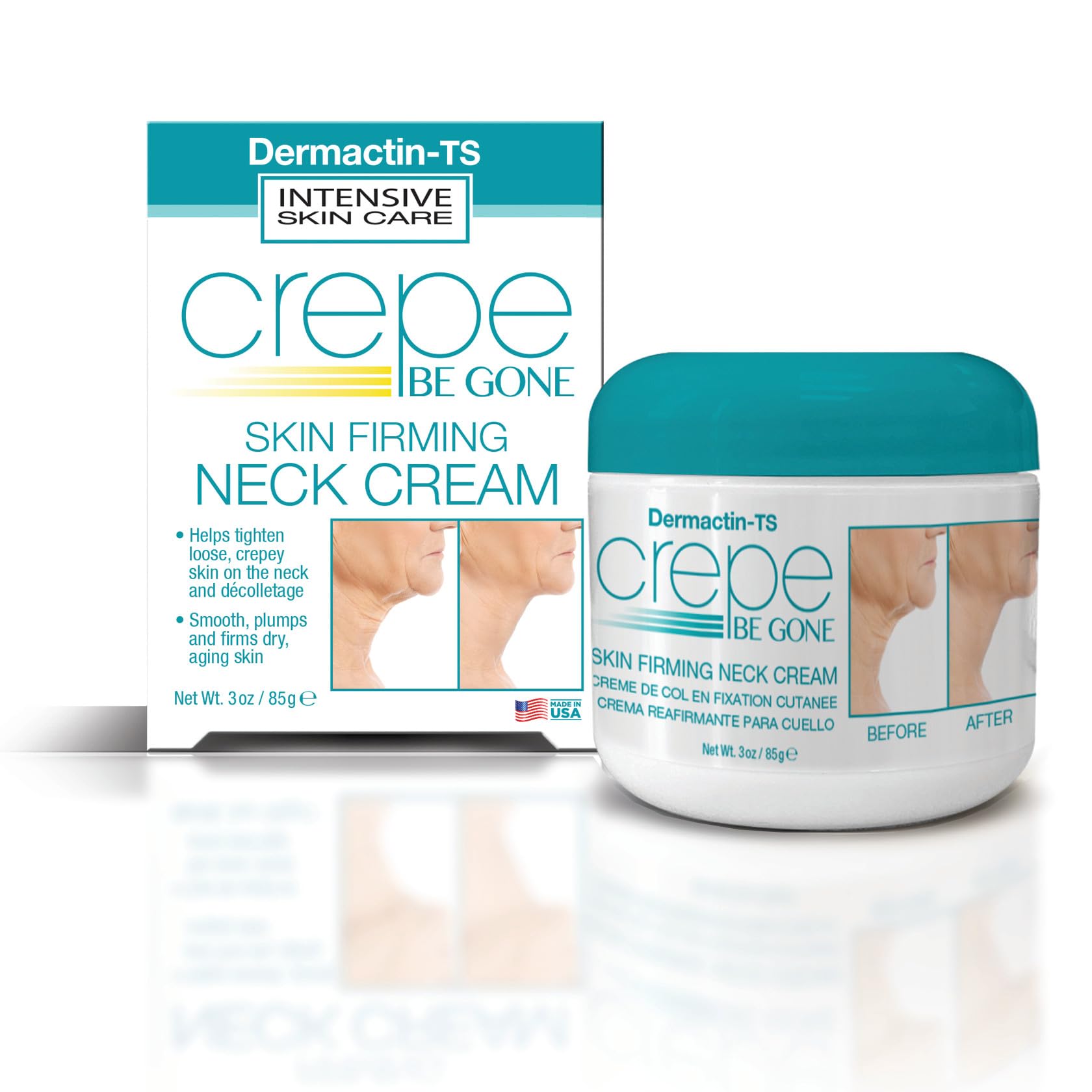 Dermactin Crepe Be Gone neck cream bottle shows rich hydrating formula for neck care
