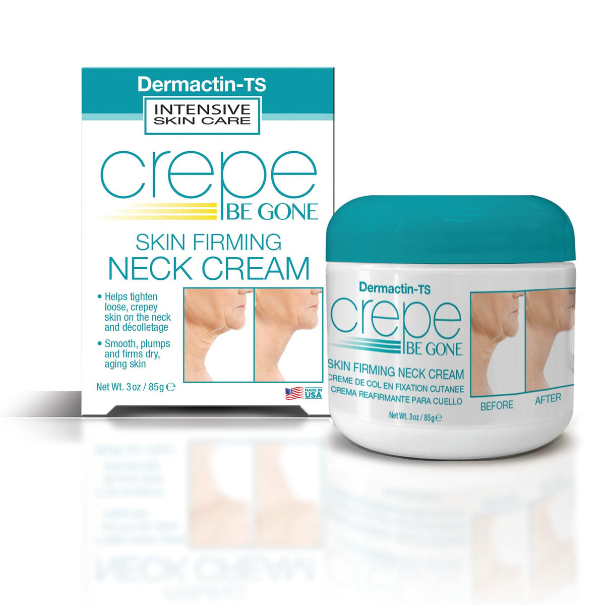 Dermactin Crepe Be Gone neck cream bottle shows rich hydrating formula for neck care