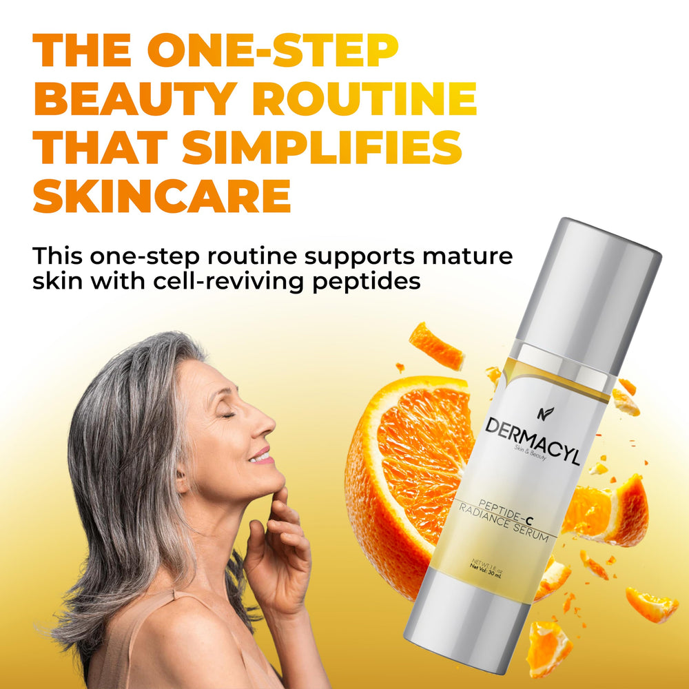 Dermacyl peptide serum on cheek showing smooth, even application for radiance.
