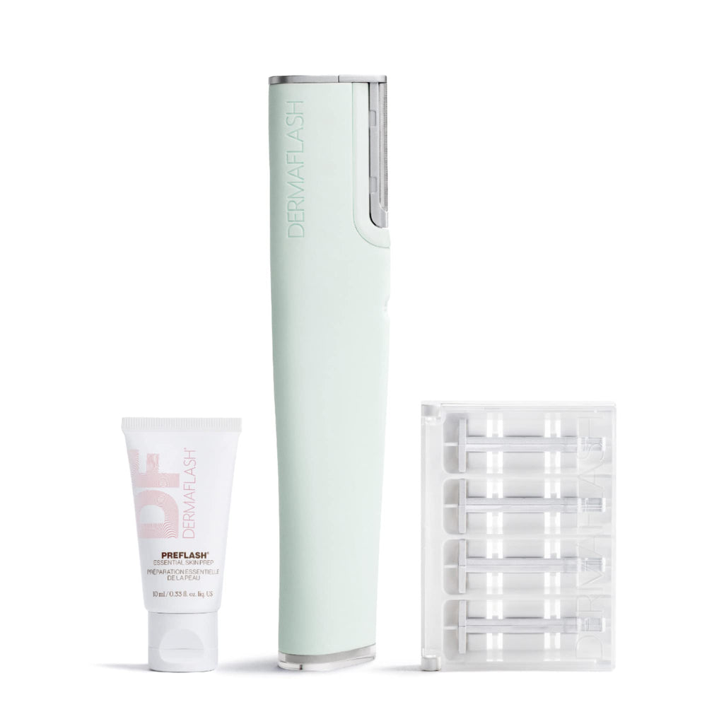 DERMAFLASH LUXE+ face exfoliator Seafoam showing a smooth, fuzz-free complexion