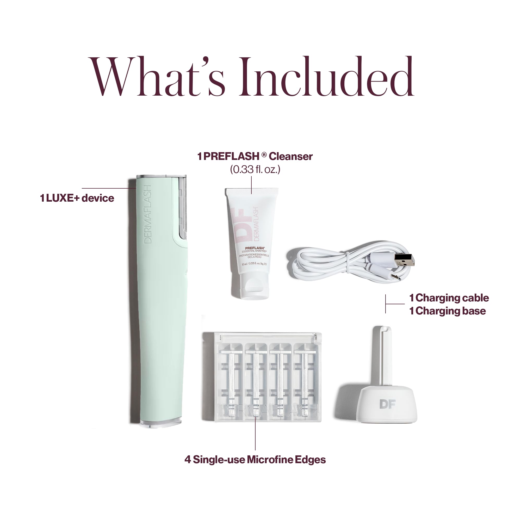 DERMAFLASH LUXE+ kit contents including blades and PREFLASH cleanser