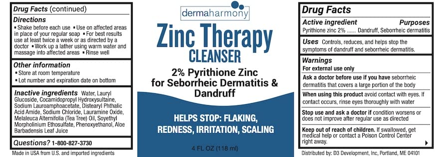 Dermaharmony 2% Pyrithione Zinc liquid cleanser bottle front label—tea tree aroma and gentle cleansing