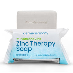DermaHarmony Jabón zinc piritiona, vista frontal de la barra para piel sensible.