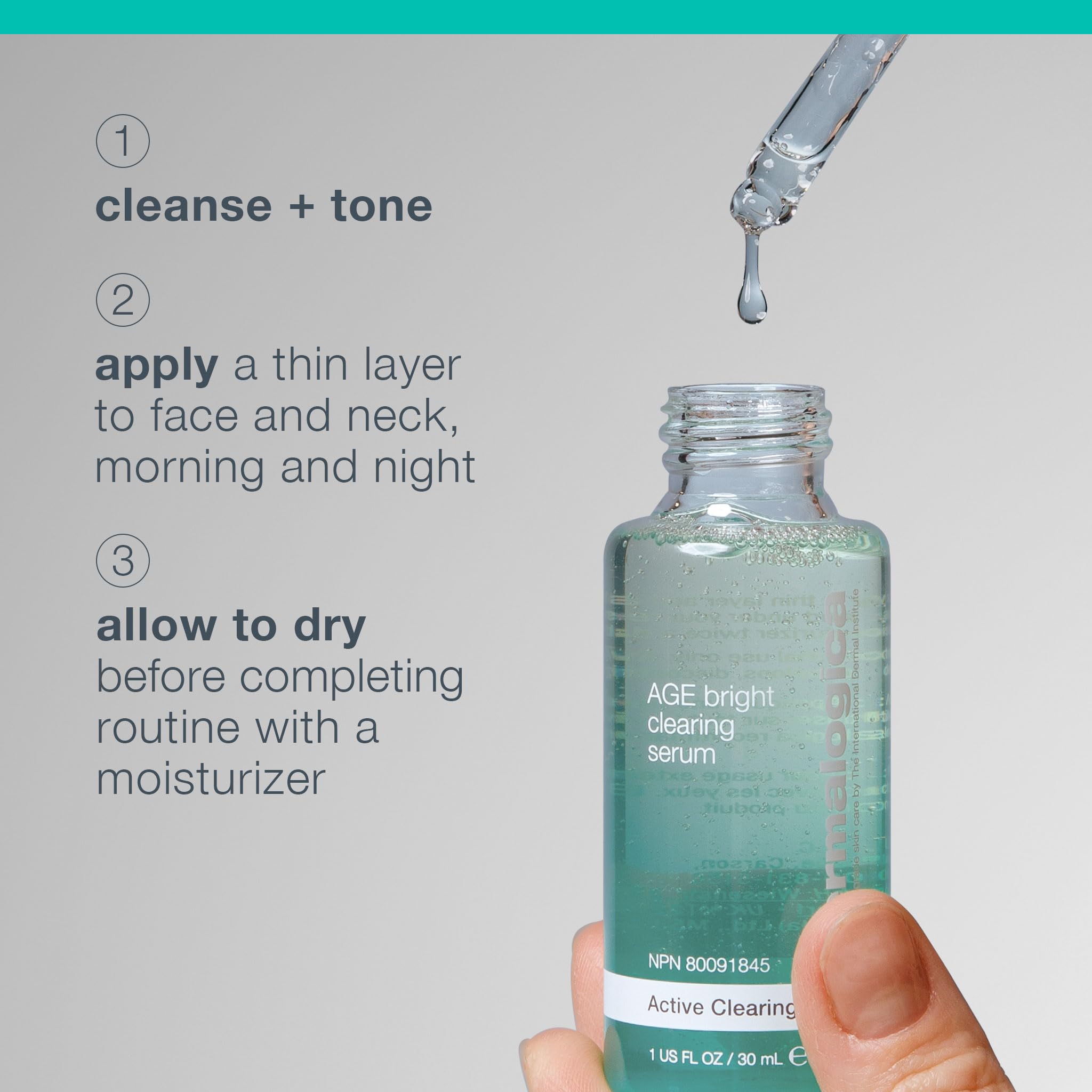 Dermalogica Age Bright Serum texture on fingertips ready for morning use.