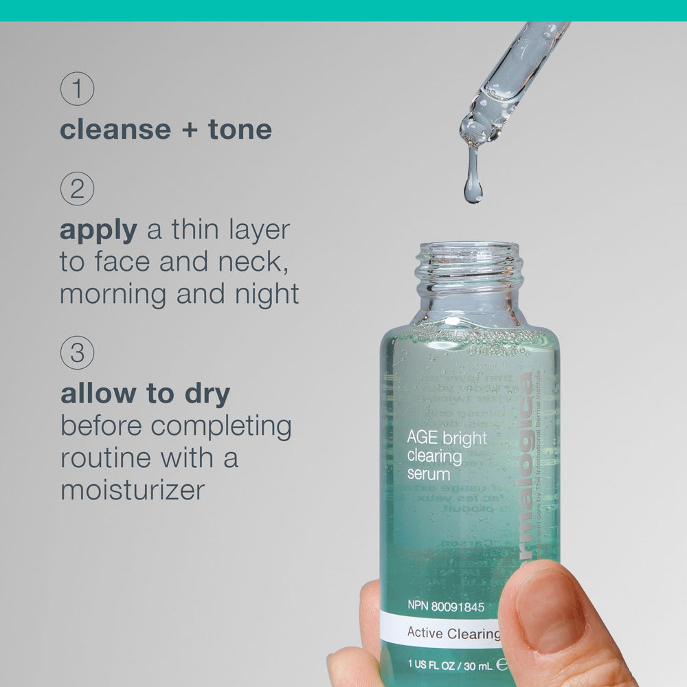 Dermalogica Age Bright Serum texture on fingertips ready for morning use.