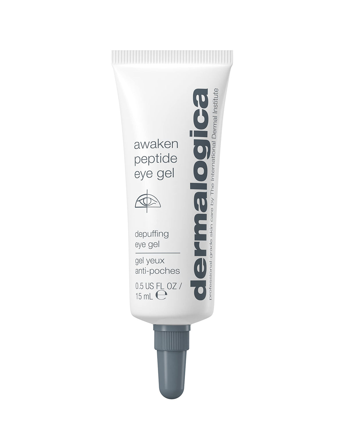 Dermalogica Awaken Peptide Eye Gel jar shows hydrating, awakening properties for tired-looking eyes.