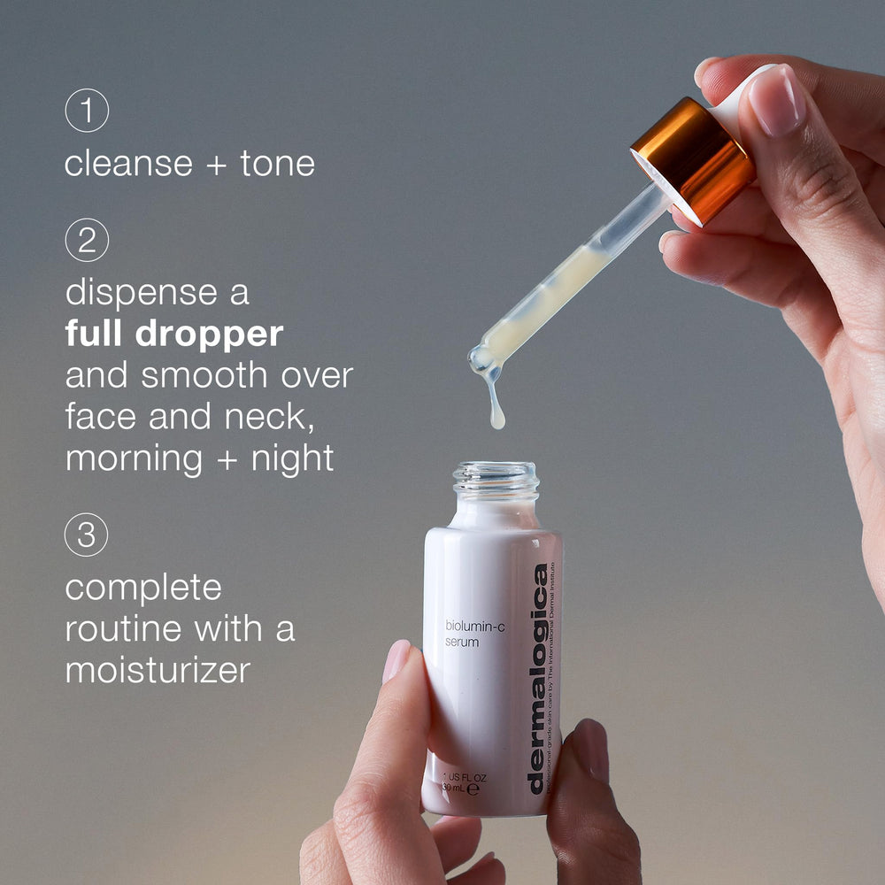 Dermalogica Biolumin-C Serum close-up revealing a radiant skin texture.