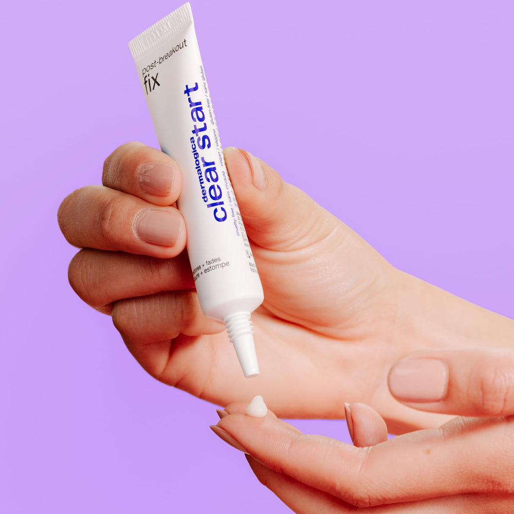 Dermalogica Clear Start Post-Breakout Fix squeeze tube packaging on vanity.