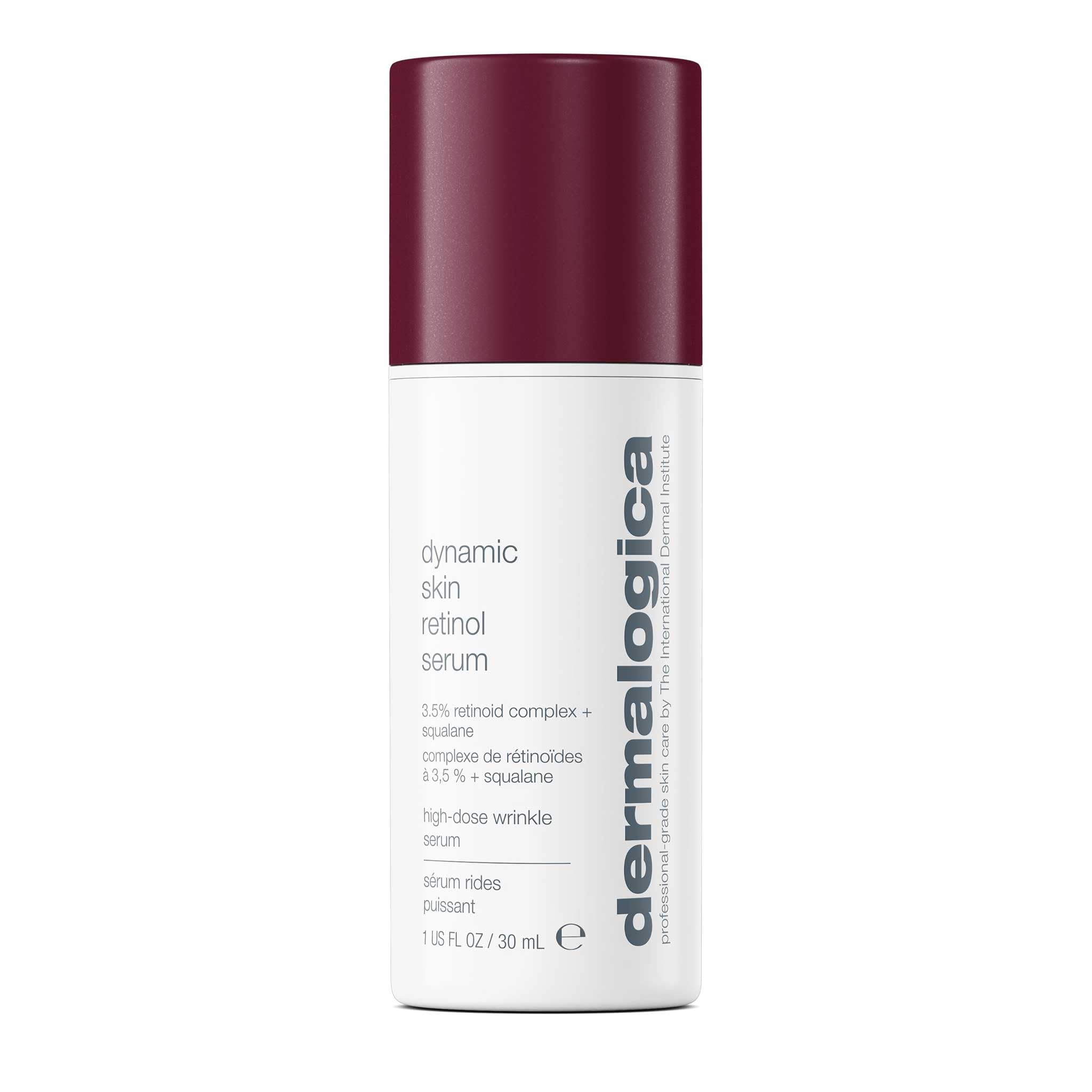 Dermalogica Dynamic Skin Retinol Serum bottle closeup for smoothing texture.