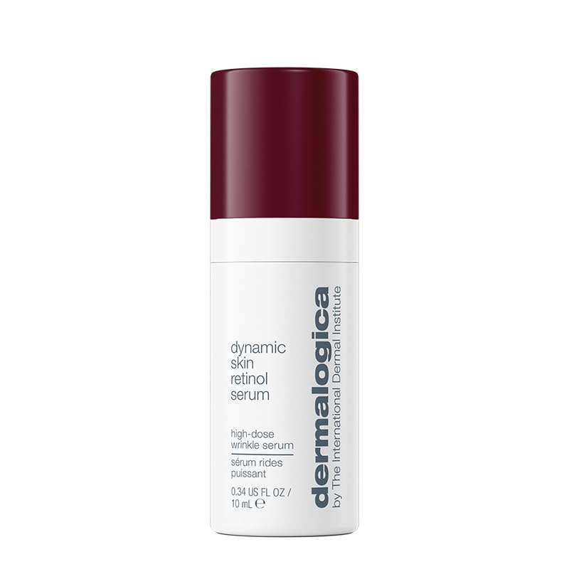 Dermalogica Dynamic Skin Retinol Serum bottle closeup highlighting retinoid formula for smoother skin.