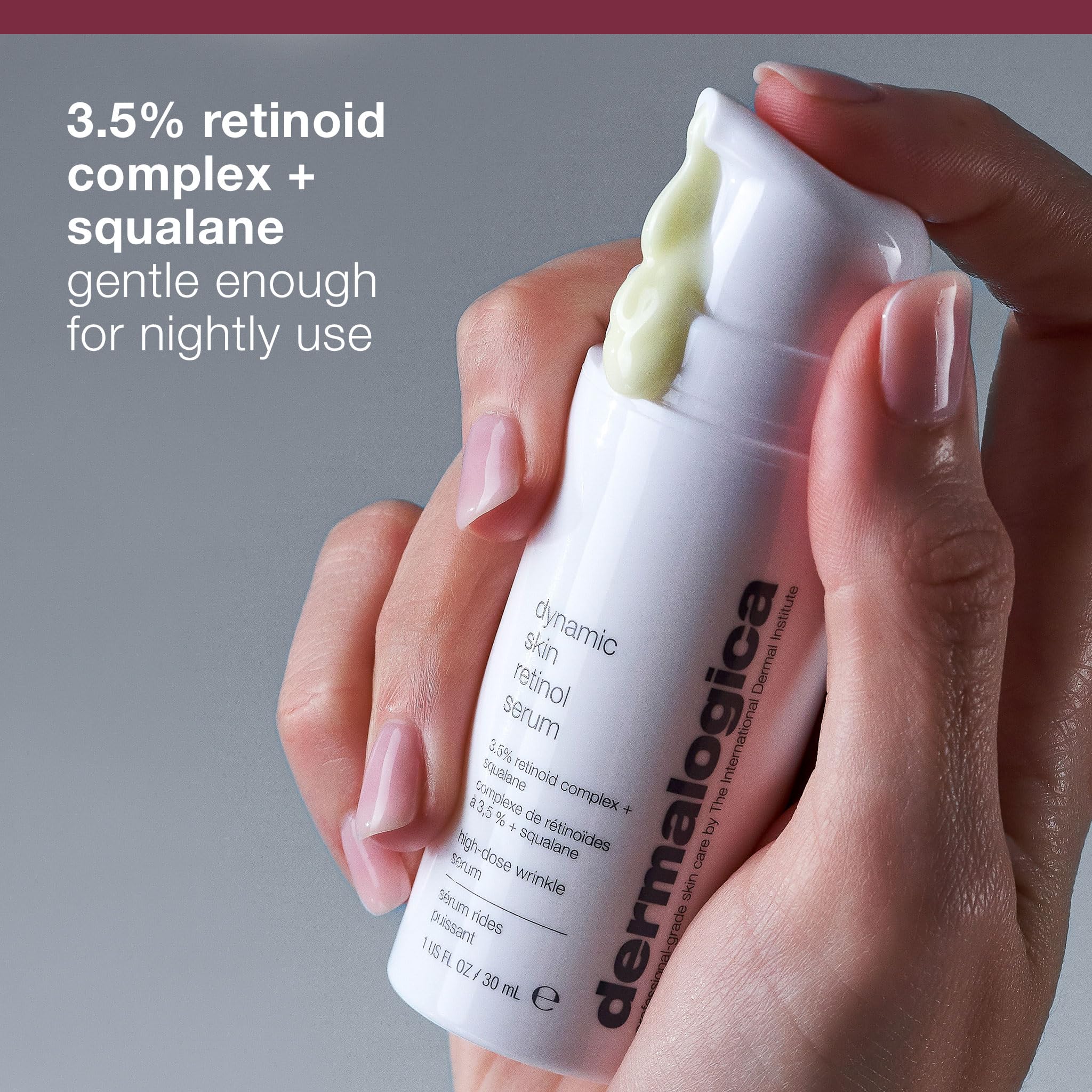 Dermalogica Dynamic Skin Retinol Serum applying to cheek demonstrates quick absorption.