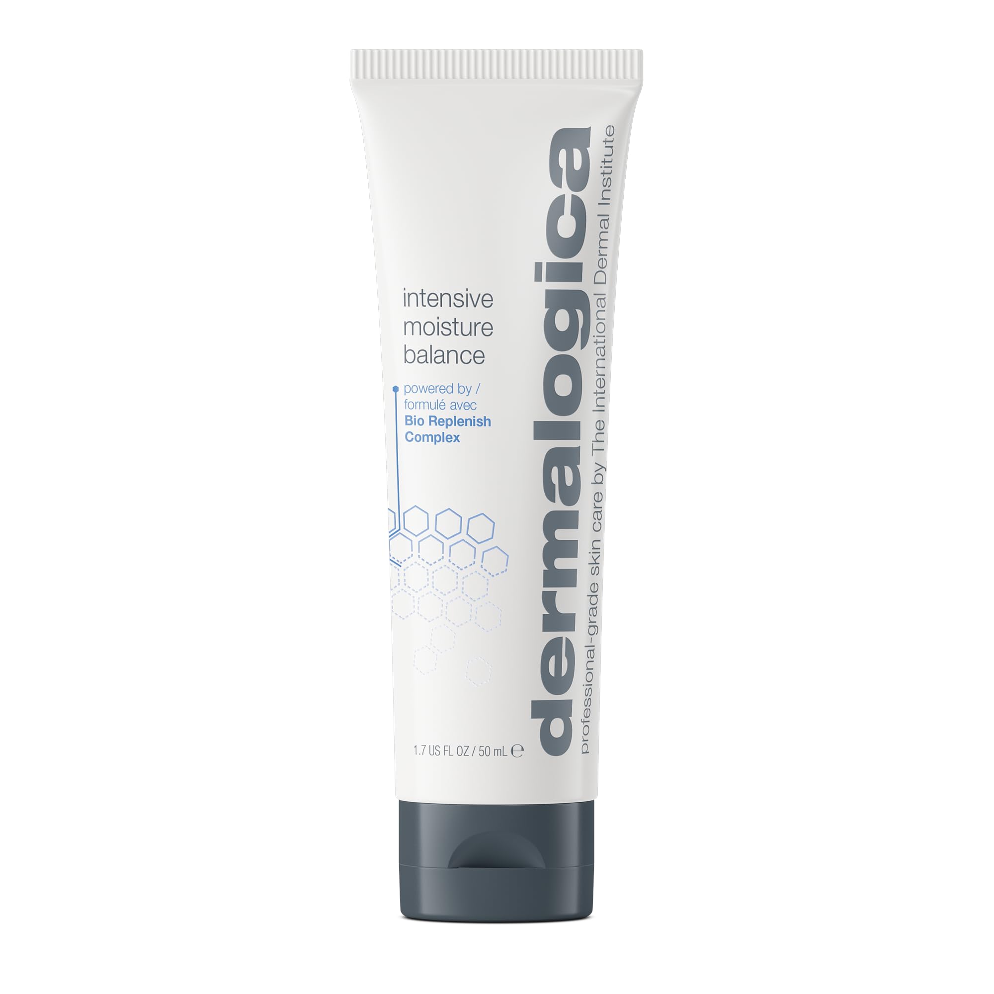 Dermalogica Intensive Moisture Balance bottle front shows hydrating formula for dry skin relief.