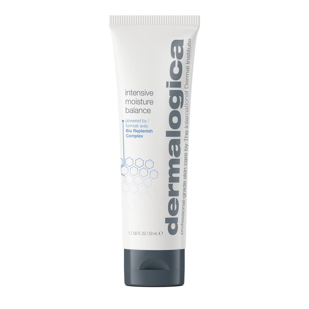 Dermalogica Intensive Moisture Balance bottle front shows hydrating formula for dry skin relief.