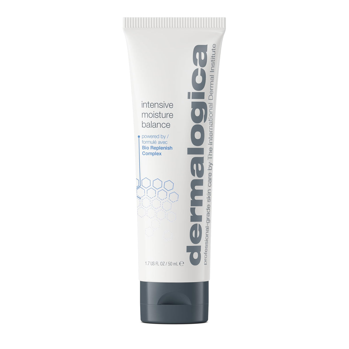 Dermalogica Intensive Moisture Balance bottle front shows hydrating formula for dry skin relief.