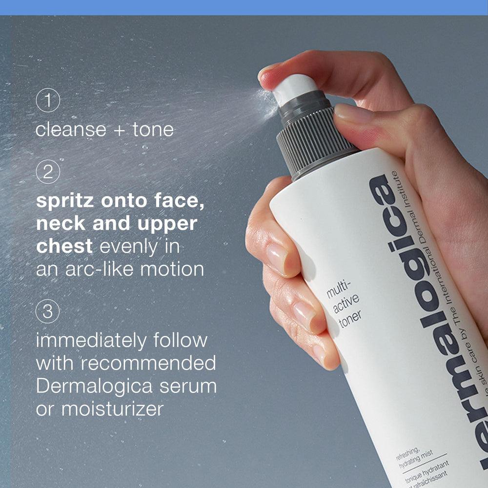 Dermalogica Multi-Active Toner mist provides post-cleanse refreshment for the skin.