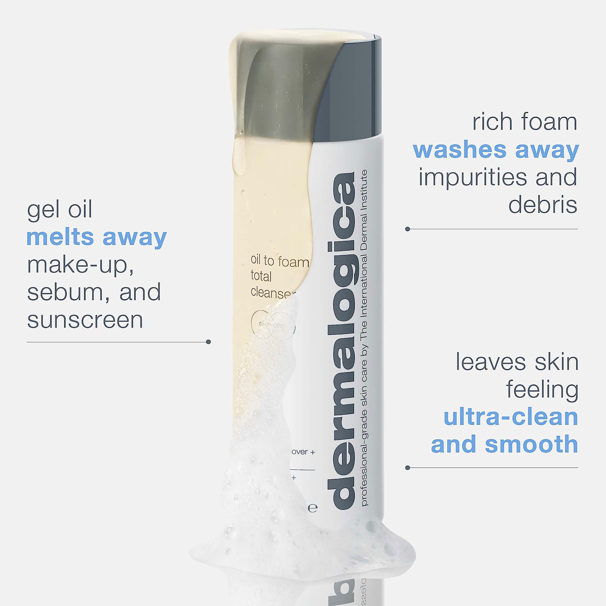 Dermalogica Oil To Foam Total Cleanser transforms into rich foam for deep cleansing action.