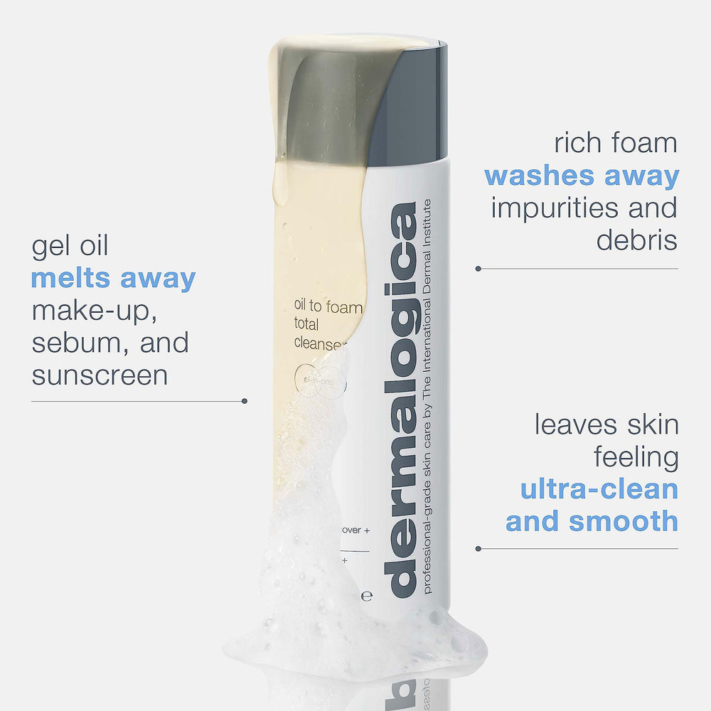 Dermalogica Oil To Foam Total Cleanser transforms into rich foam for deep cleansing action.