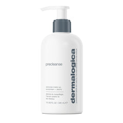 Dermalogica PreCleanse bottle shown for gentle makeup removal.