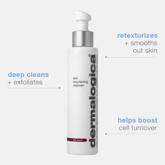 Dermalogica Skin Resurfacing Cleanser bottle back highlights ingredients and usage for mature skin.