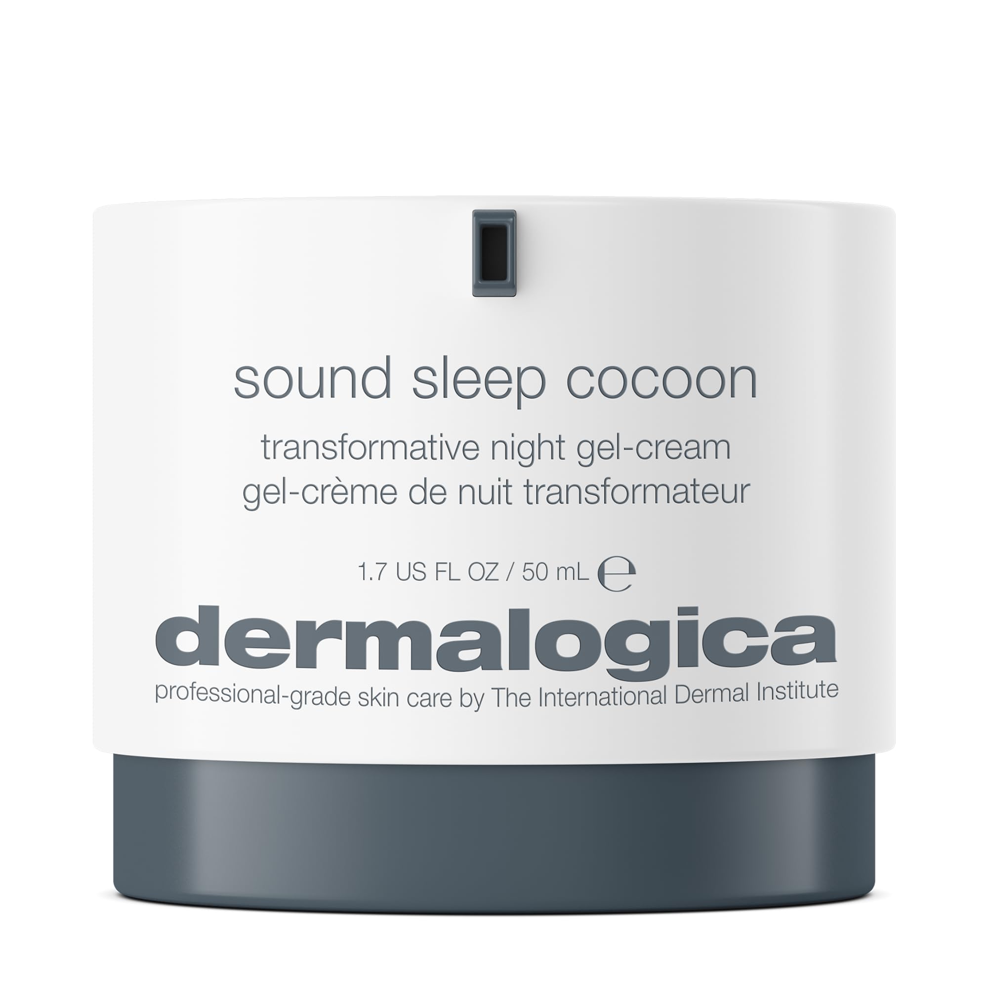 Dermalogica Sound Sleep Cocoon jar closeup highlights overnight hydration and radiant skin potential.