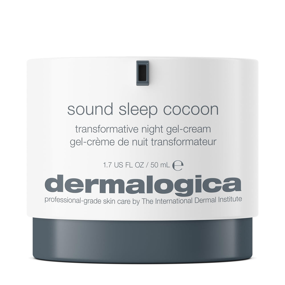 Dermalogica Sound Sleep Cocoon jar closeup highlights overnight hydration and radiant skin potential.