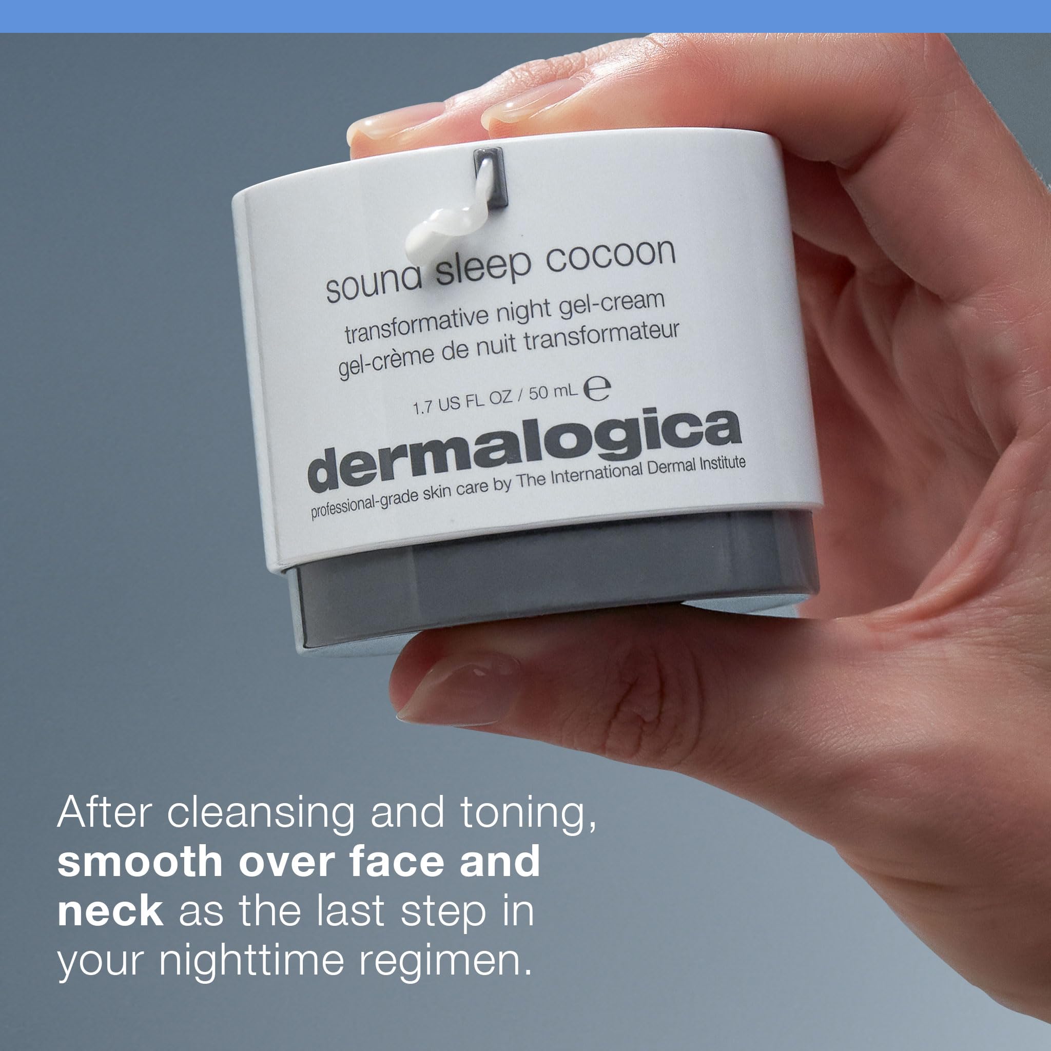 Dermalogica Sound Sleep Cocoon jar lid closeup emphasizes nourishing cocoon feel and hydration.