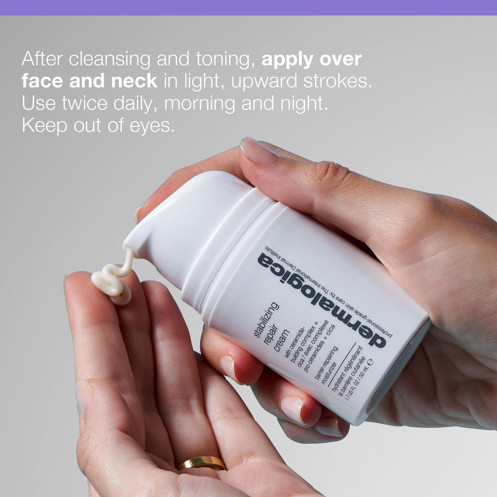 Dermalogica Stabilizing Repair Cream applied to hands shows quick hydration.