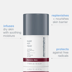 Dermalogica Super Rich Repair cream swirl demonstrates luxurious consistency for deep hydration.